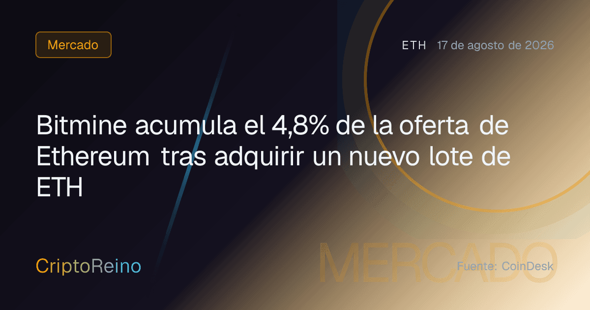 Bitmine acumula el 4,8% de la oferta de Ethereum tras adquirir un nuevo lote de ETH