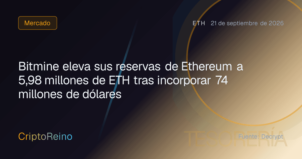 Bitmine eleva sus reservas de Ethereum a 5,98 millones de ETH tras incorporar 74 millones de dólares